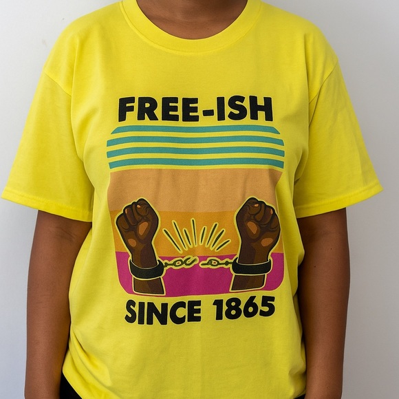 🍁 3/$15 Women’s Juneteenth Yellow Graphic Tshirt - Picture 1 of 6